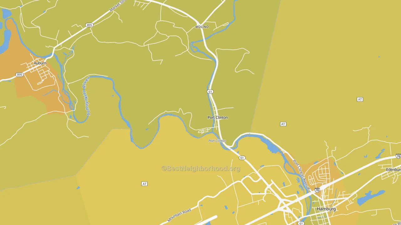 Map of the best neighborhoods in the Port Clinton area, with better matches in green and worse matches in red
