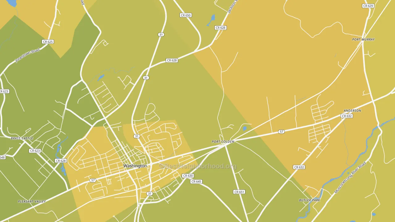Map of the best neighborhoods in the Port Colden area, with better matches in green and worse matches in red