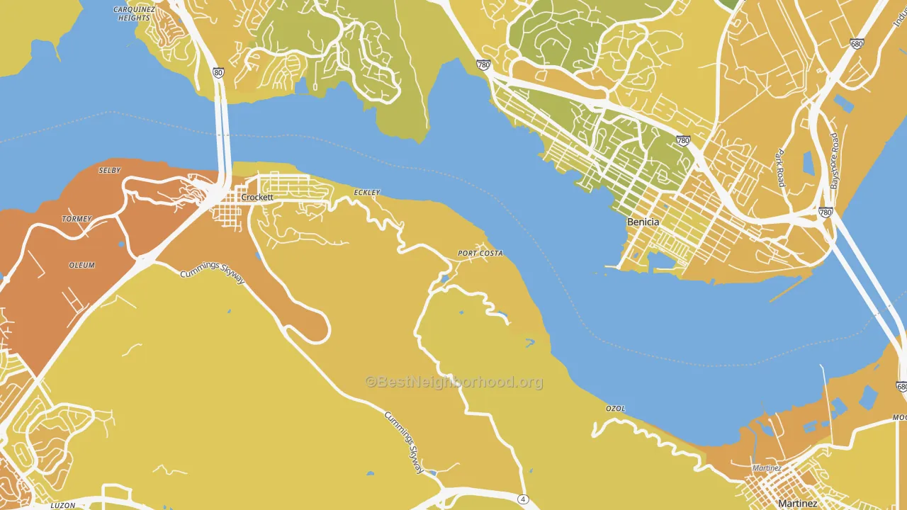 Map of the best neighborhoods in the Port Costa area, with better matches in green and worse matches in red