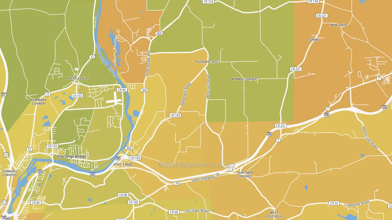 Map of the best neighborhoods in the Port Crane area, with better matches in green and worse matches in red