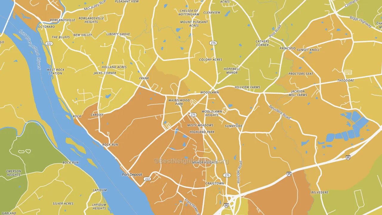 Map of the best neighborhoods in the Port Deposit area, with better matches in green and worse matches in red