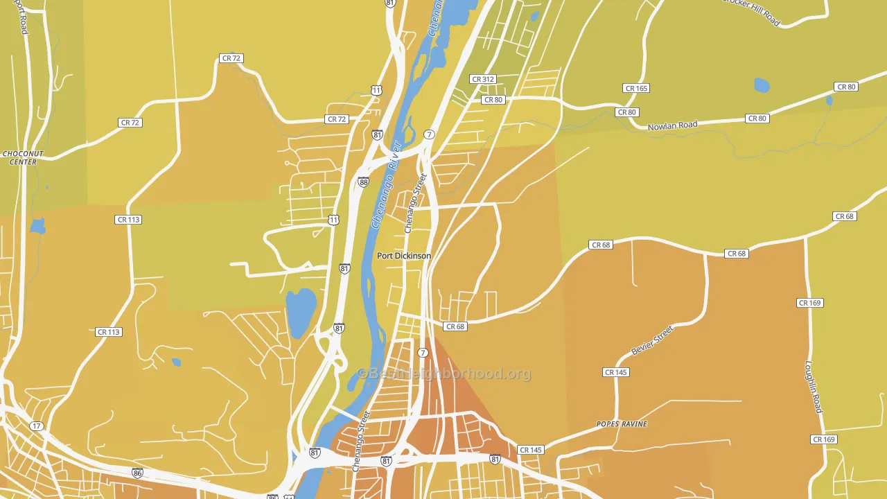 Map of the best neighborhoods in the Port Dickinson area, with better matches in green and worse matches in red