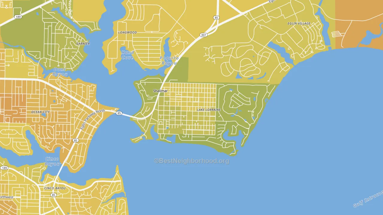 Map of the best neighborhoods in the Port Dixie, Lake Lorraine area, with better matches in green and worse matches in red