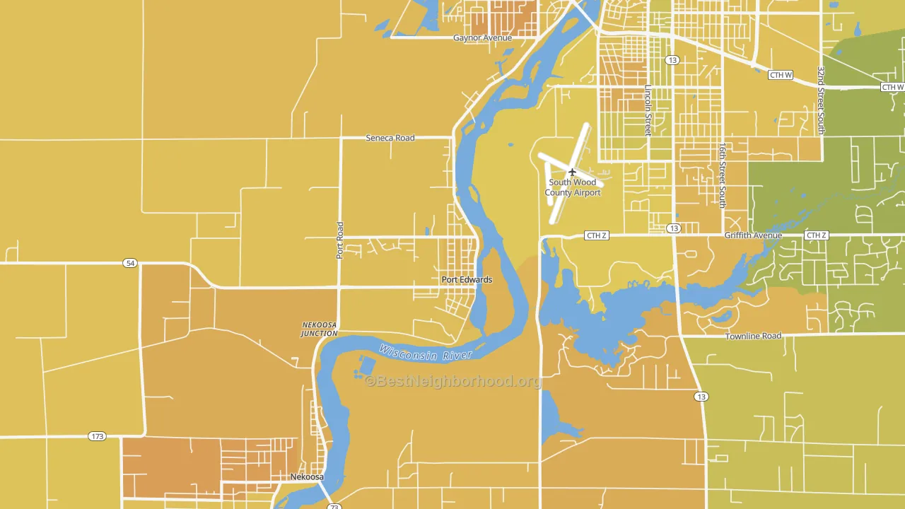 Map of the best neighborhoods in the Port Edwards area, with better matches in green and worse matches in red