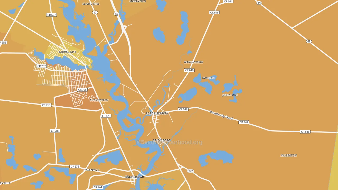 Map of the best neighborhoods in the Port Elizabeth area, with better matches in green and worse matches in red