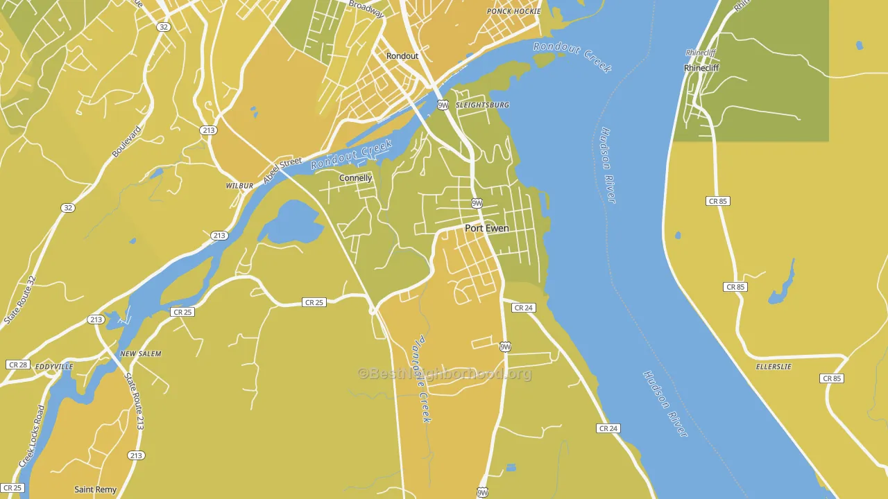 Map of the best neighborhoods in the Port Ewen area, with better matches in green and worse matches in red