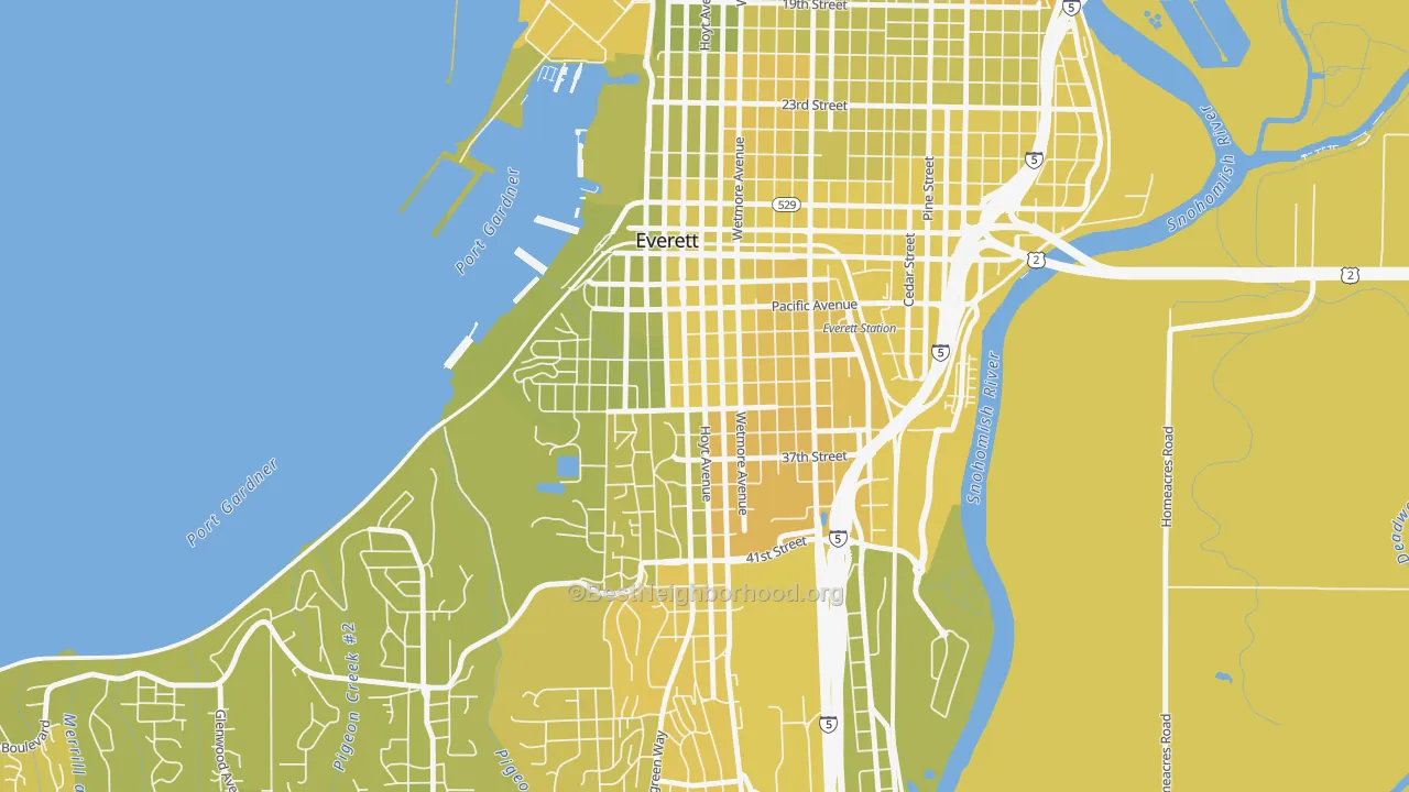 Map of the best neighborhoods in the Port Gardner, Everett area, with better matches in green and worse matches in red