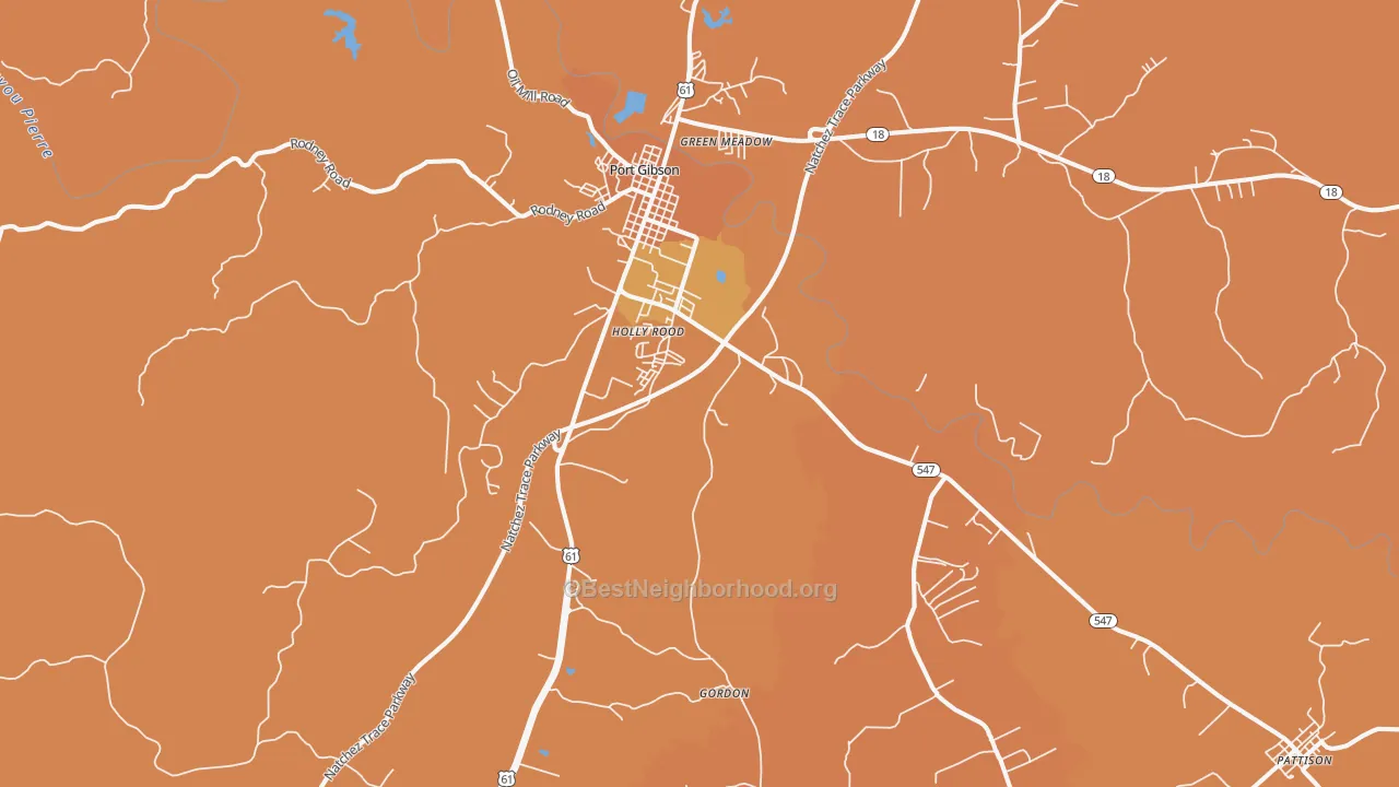 Map of the best neighborhoods in the Port Gibson area, with better matches in green and worse matches in red