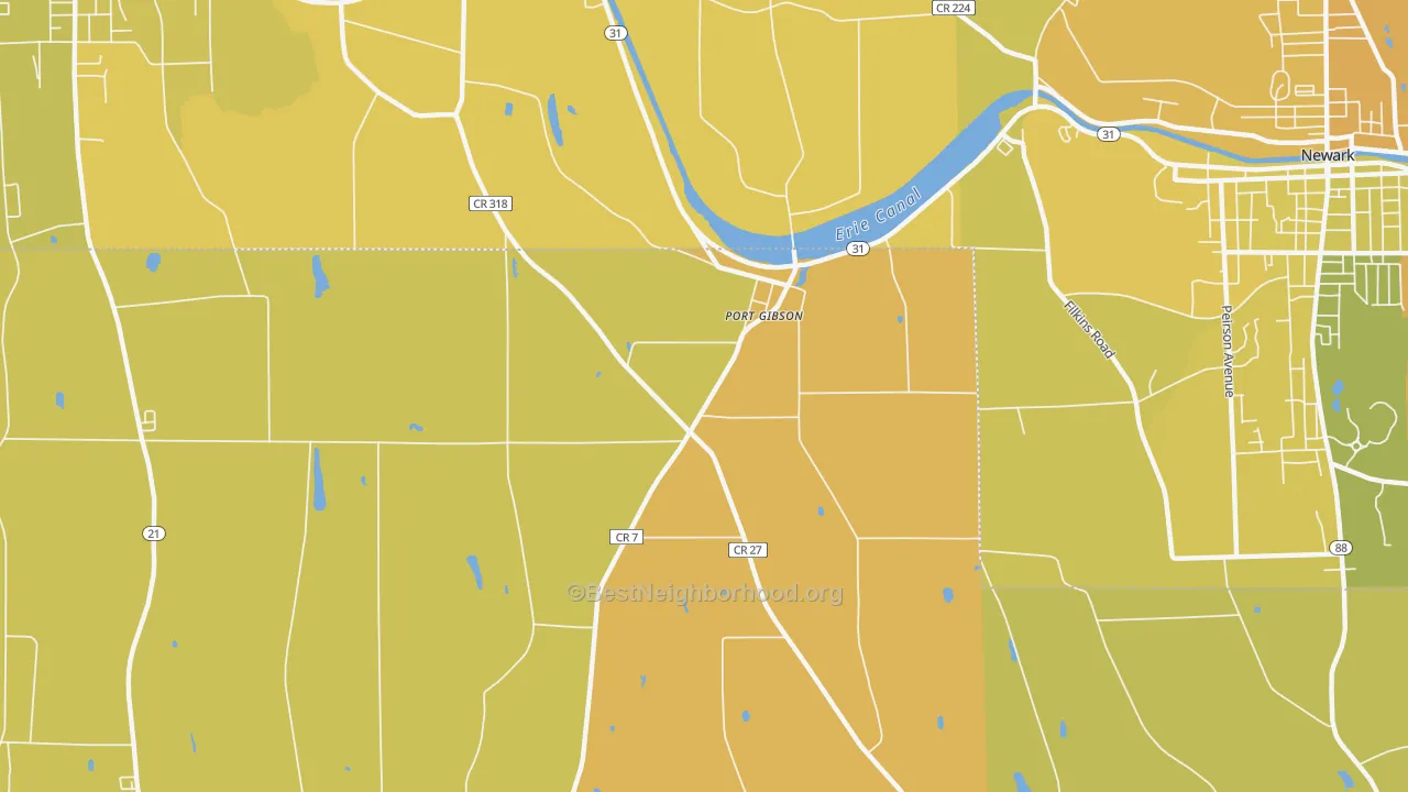 Map of the best neighborhoods in the Port Gibson area, with better matches in green and worse matches in red