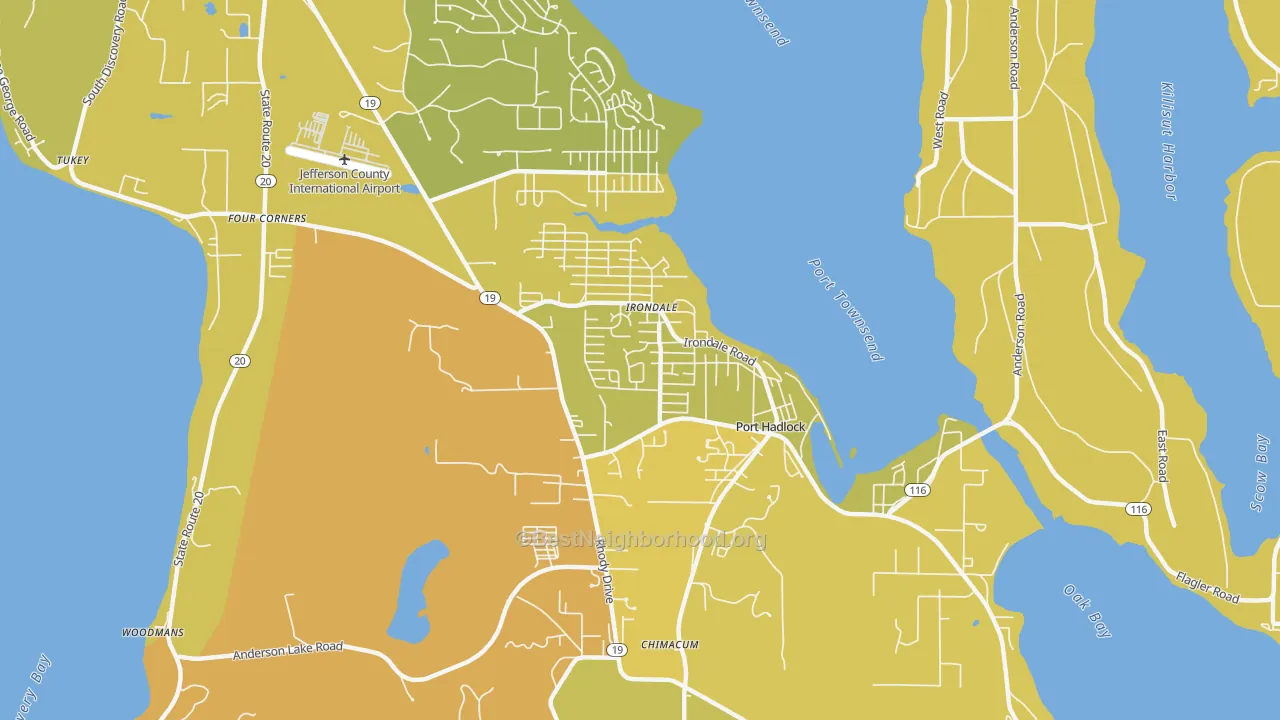 Map of the best neighborhoods in the Port Hadlock-Irondale area, with better matches in green and worse matches in red