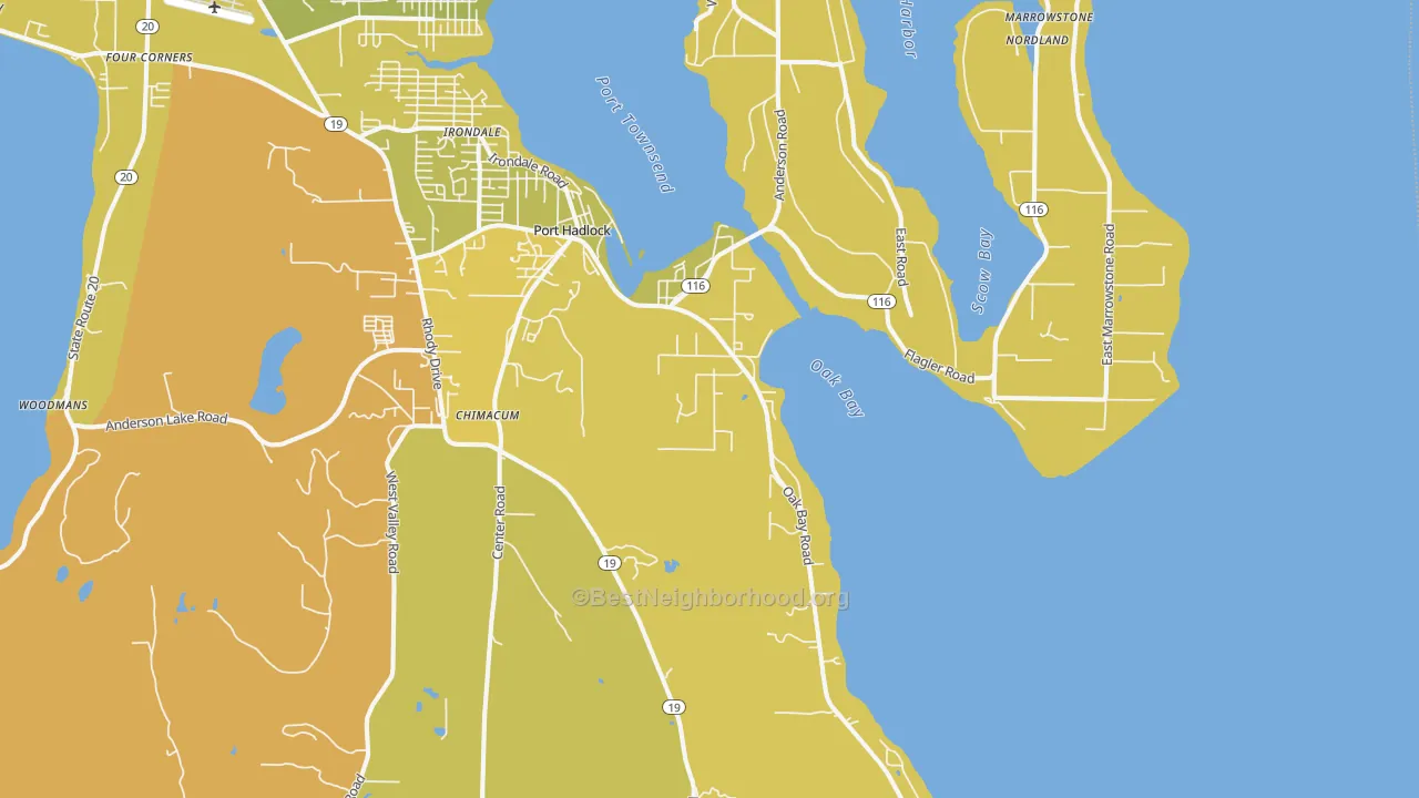 Map of the best neighborhoods in the Port Hadlock area, with better matches in green and worse matches in red