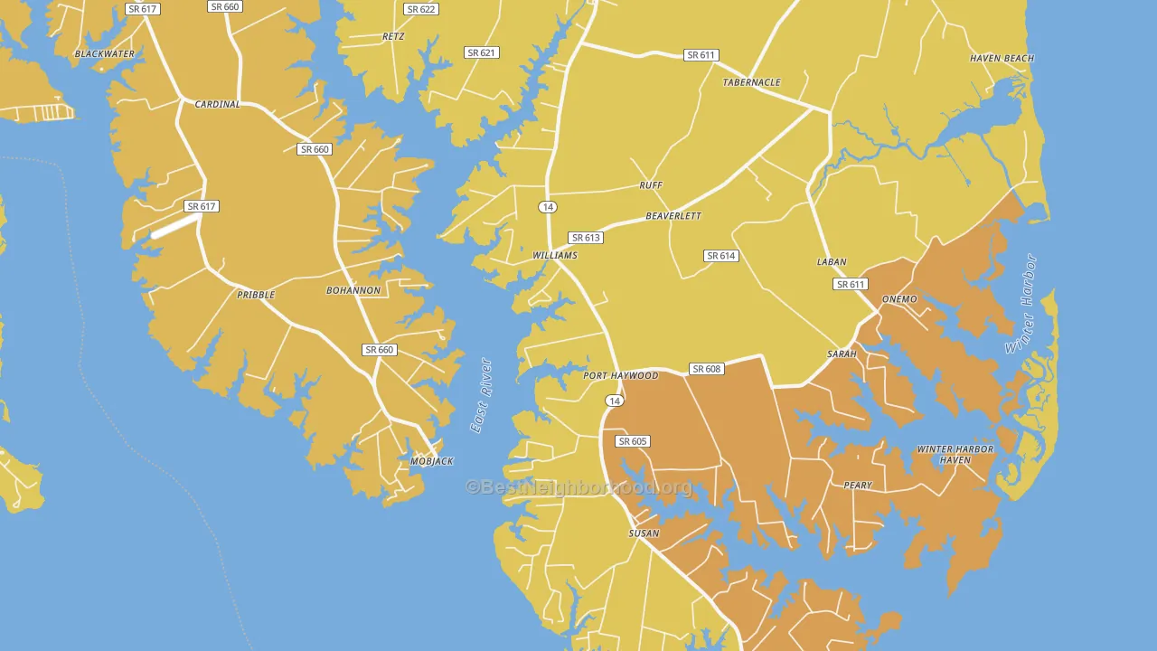 Map of the best neighborhoods in the Port Haywood area, with better matches in green and worse matches in red