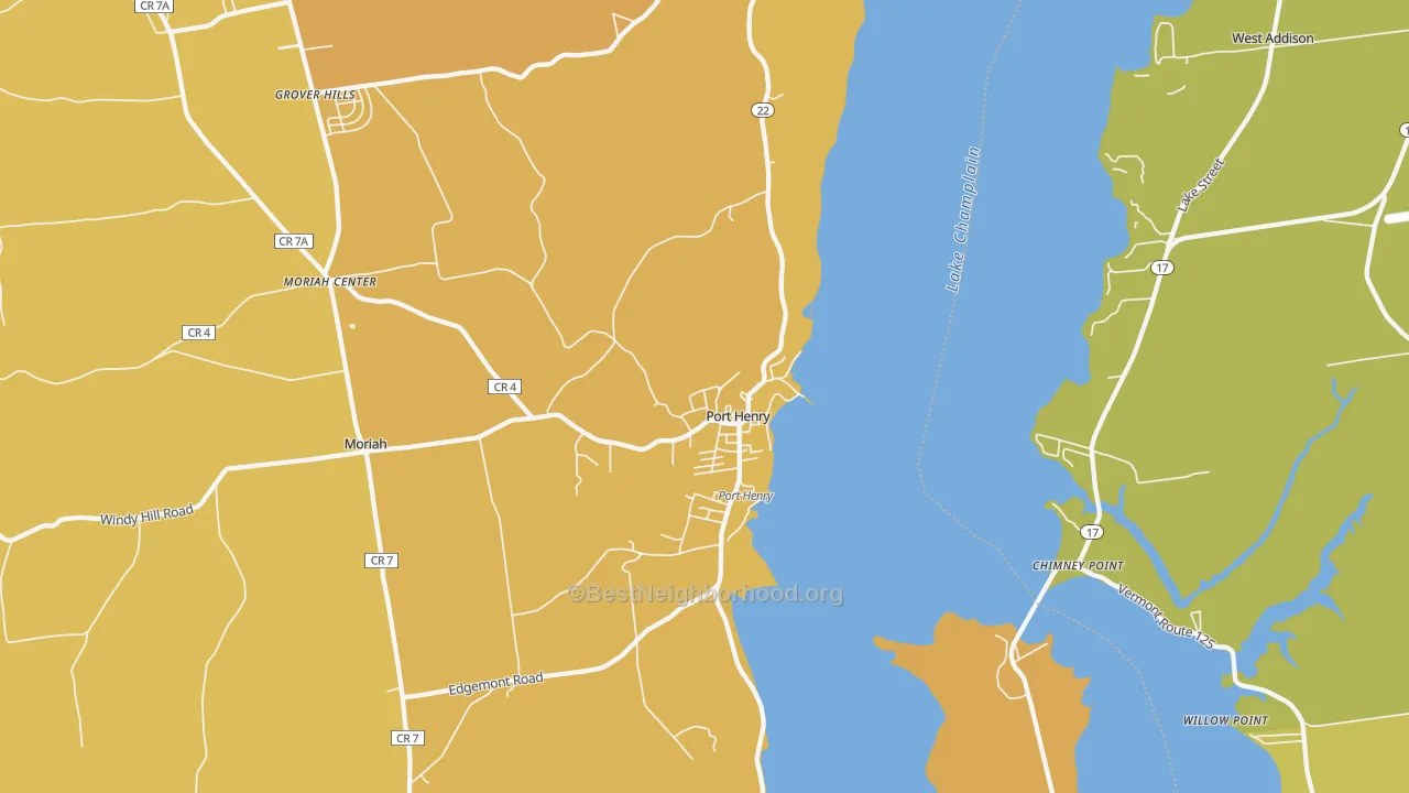 Map of the best neighborhoods in the Port Henry area, with better matches in green and worse matches in red