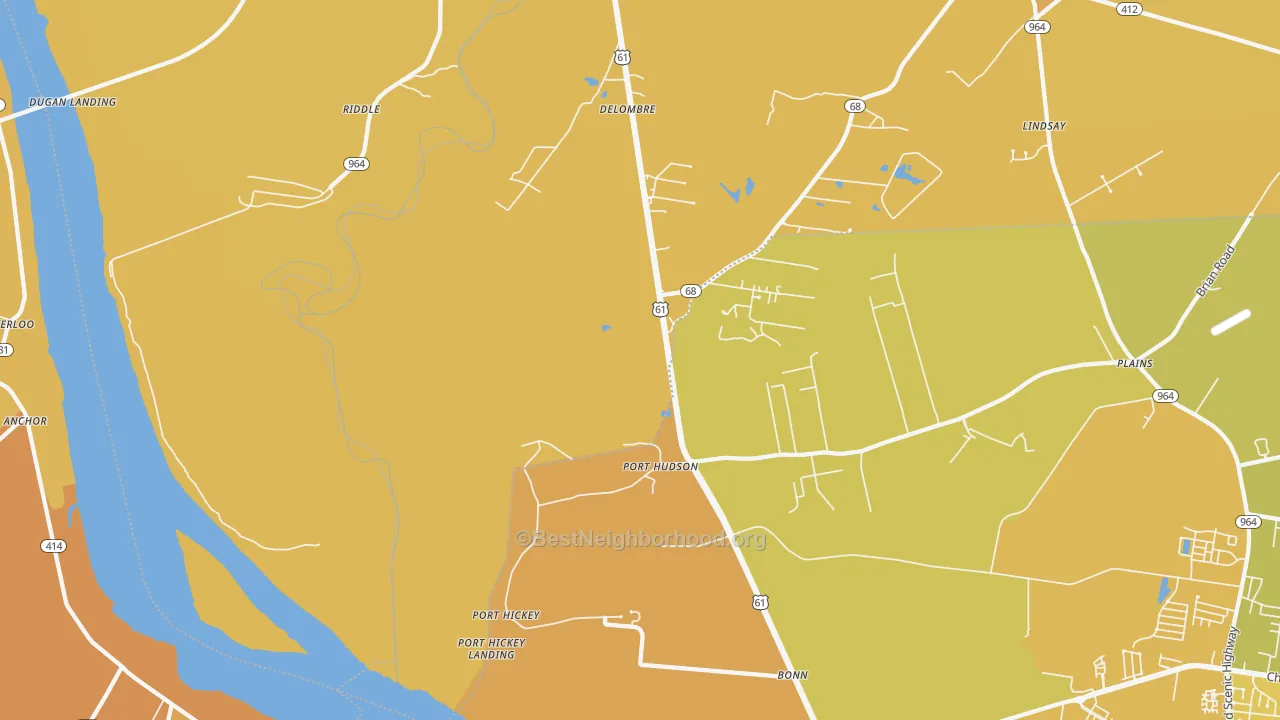 Map of the best neighborhoods in the Port Hudson area, with better matches in green and worse matches in red