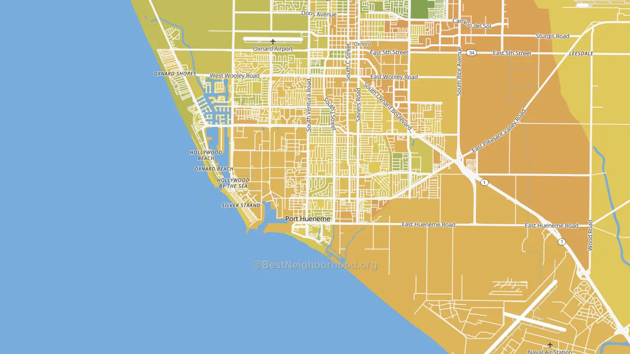 Map of the best neighborhoods in the Port Hueneme area, with better matches in green and worse matches in red