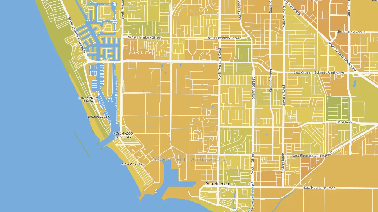 Map of the best neighborhoods in the Port Hueneme Cbc Base area, with better matches in green and worse matches in red