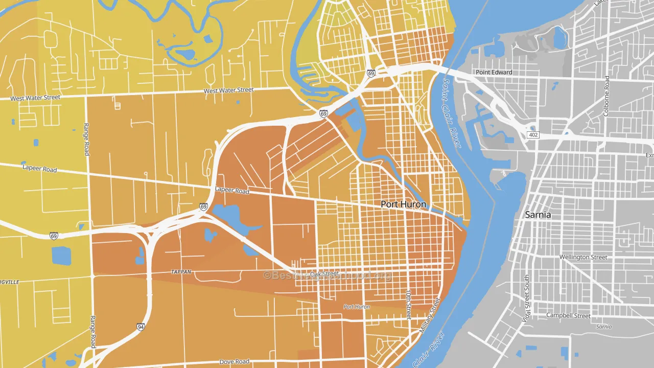 Map of the best neighborhoods in the Port Huron area, with better matches in green and worse matches in red