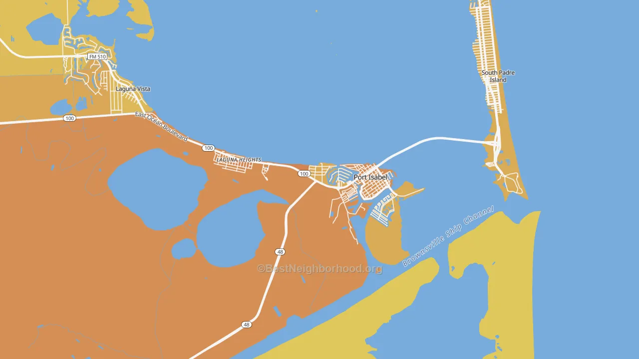 Map of the best neighborhoods in the Port Isabel area, with better matches in green and worse matches in red
