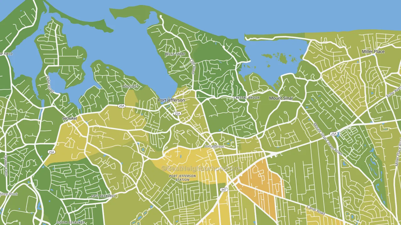 Map of the best neighborhoods in the Port Jefferson area, with better matches in green and worse matches in red