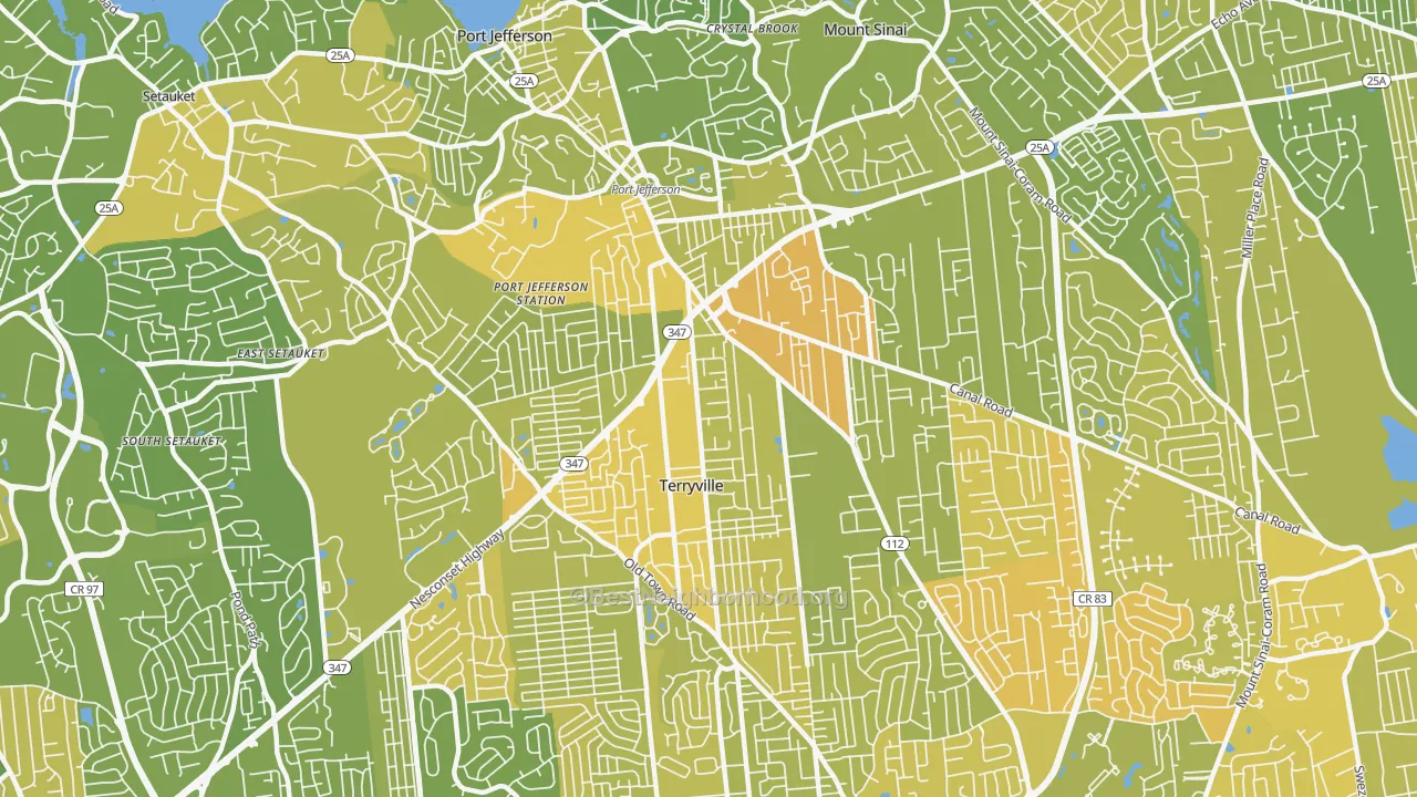 Map of the best neighborhoods in the Port Jefferson Station area, with better matches in green and worse matches in red