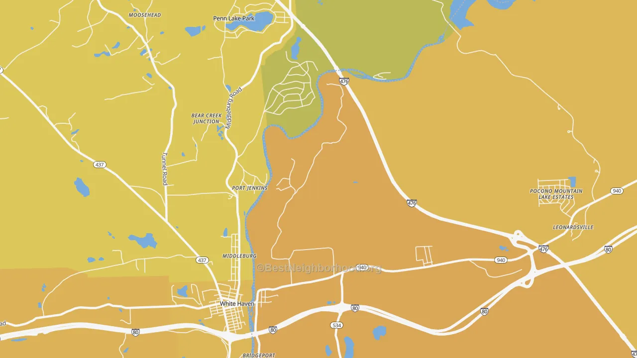 Map of the best neighborhoods in the Port Jenkins area, with better matches in green and worse matches in red