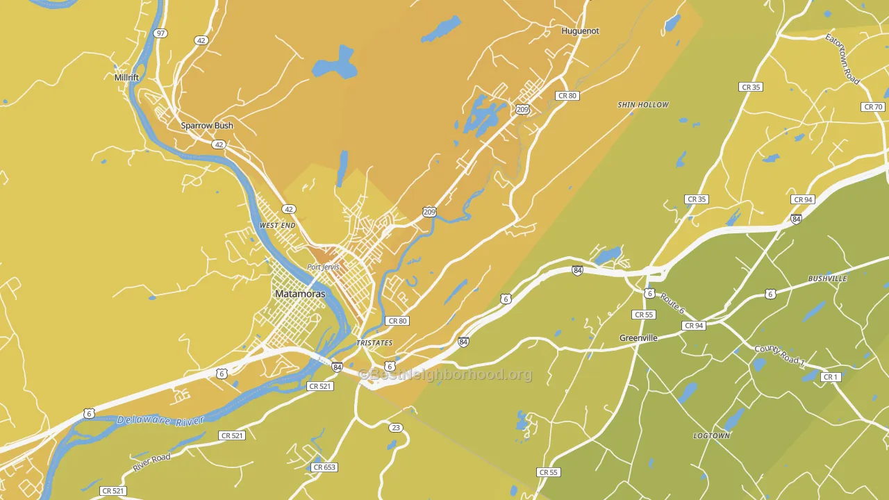 Map of the best neighborhoods in the Port Jervis area, with better matches in green and worse matches in red