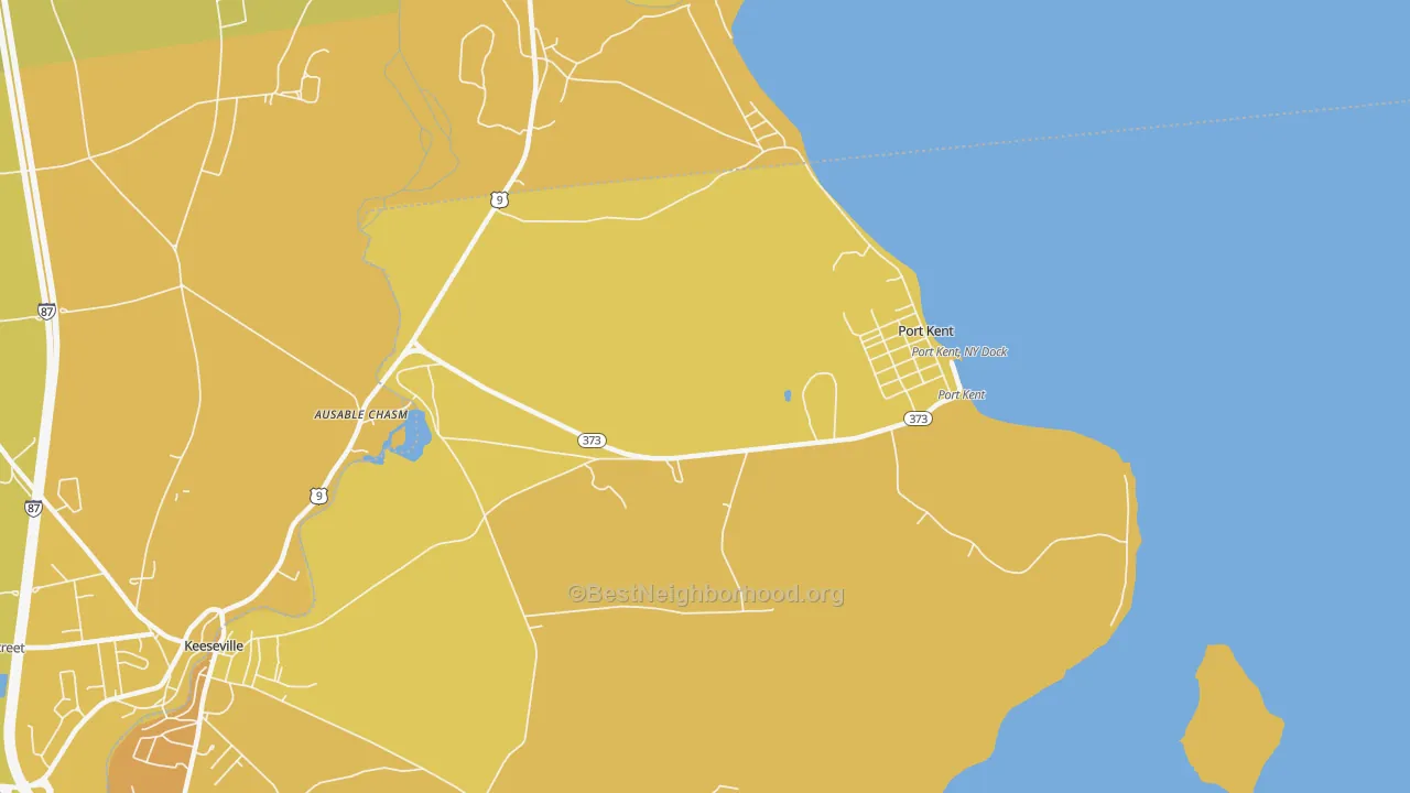 Map of the best neighborhoods in the Port Kent area, with better matches in green and worse matches in red
