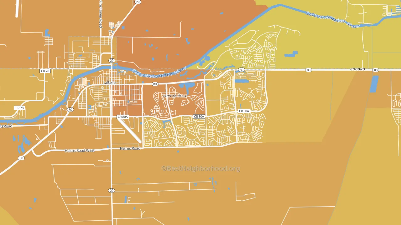 Map of the best neighborhoods in the Port Labelle area, with better matches in green and worse matches in red