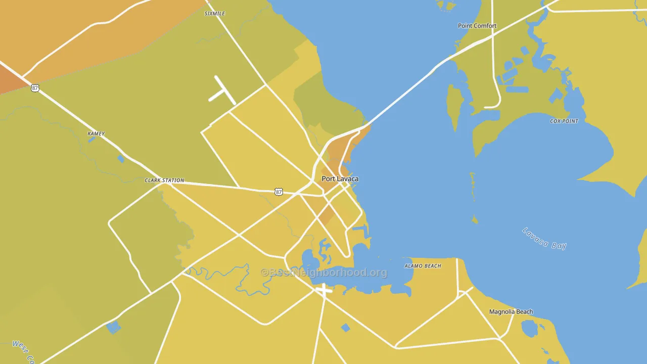 Map of the best neighborhoods in the Port Lavaca area, with better matches in green and worse matches in red
