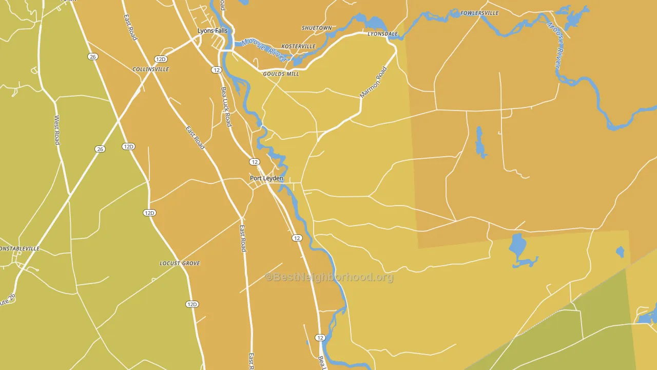 Map of the best neighborhoods in the Port Leyden area, with better matches in green and worse matches in red