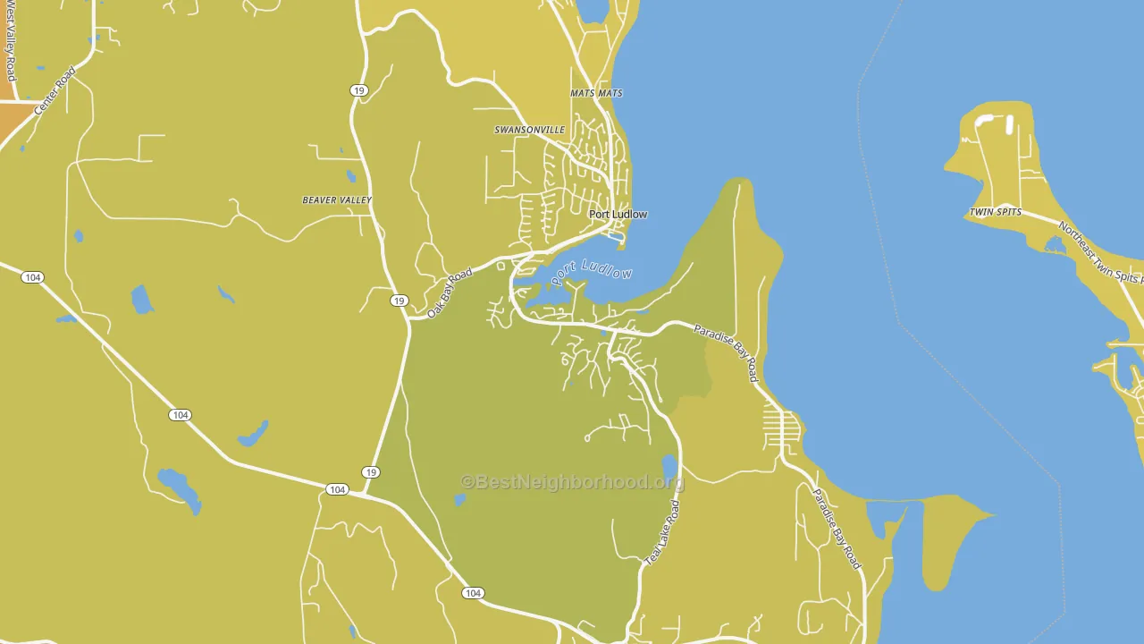 Map of the best neighborhoods in the Port Ludlow area, with better matches in green and worse matches in red