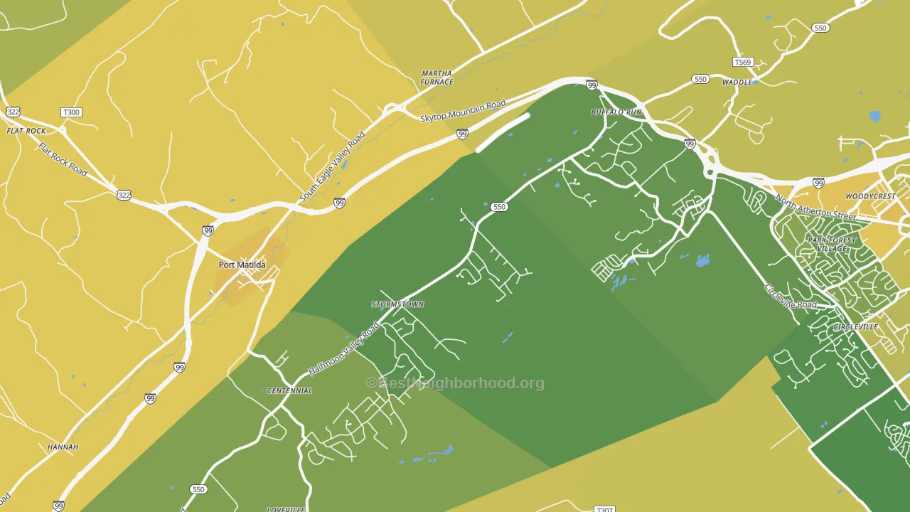 Map of the best neighborhoods in the Port Matilda area, with better matches in green and worse matches in red