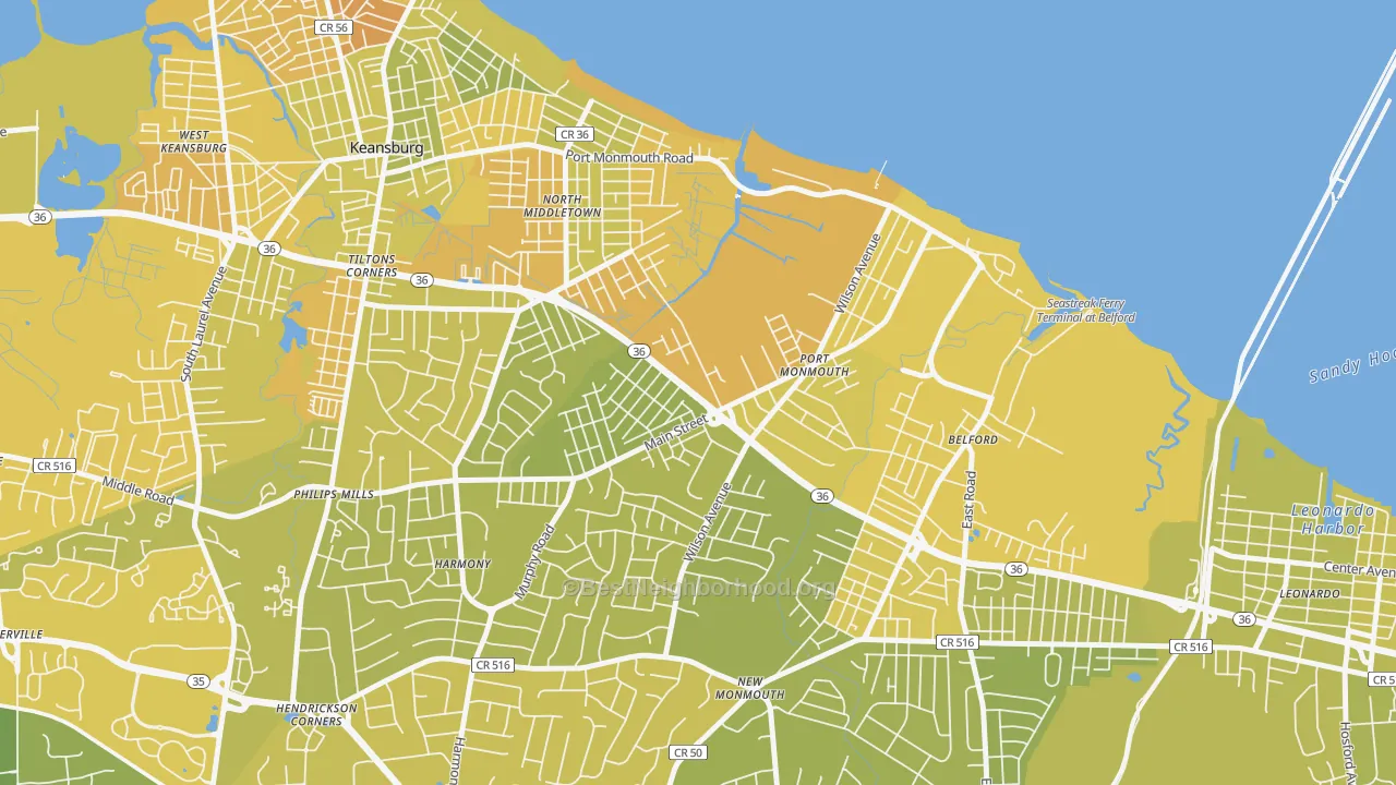 Map of the best neighborhoods in the Port Monmouth area, with better matches in green and worse matches in red