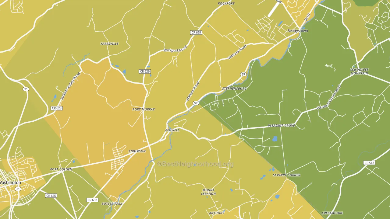 Map of the best neighborhoods in the Port Murray area, with better matches in green and worse matches in red
