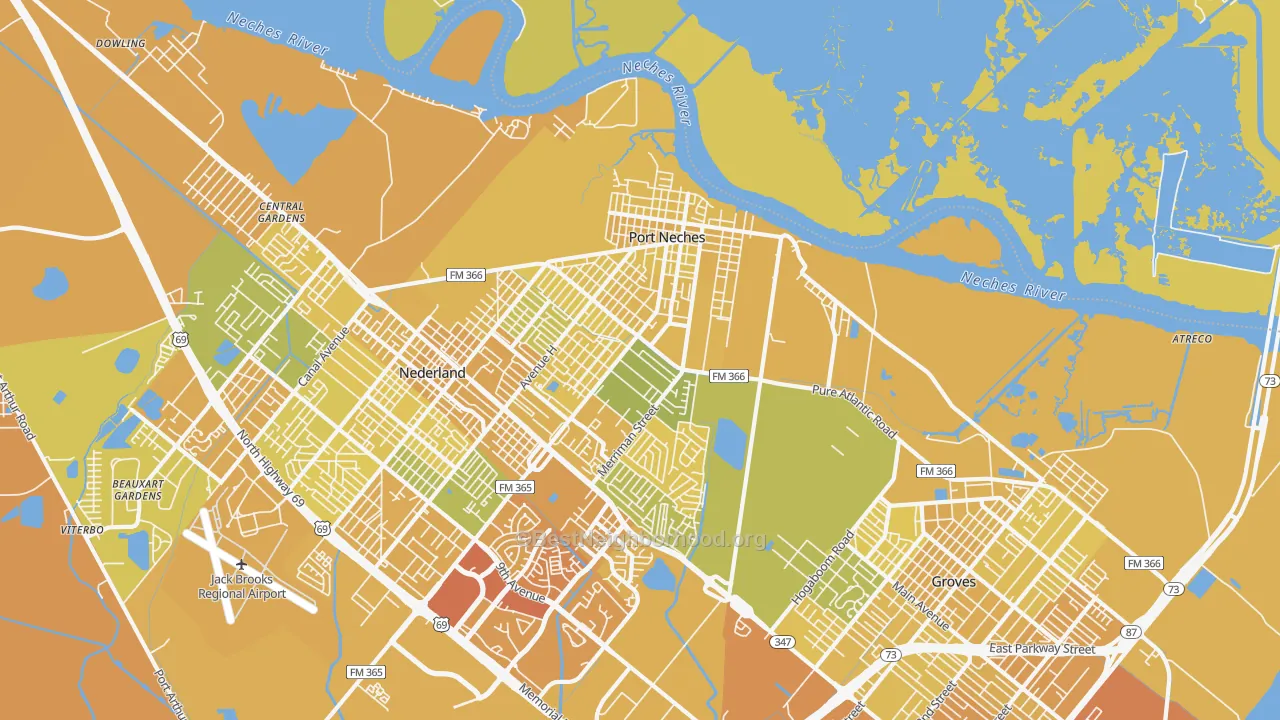 Map of the best neighborhoods in the Port Neches area, with better matches in green and worse matches in red