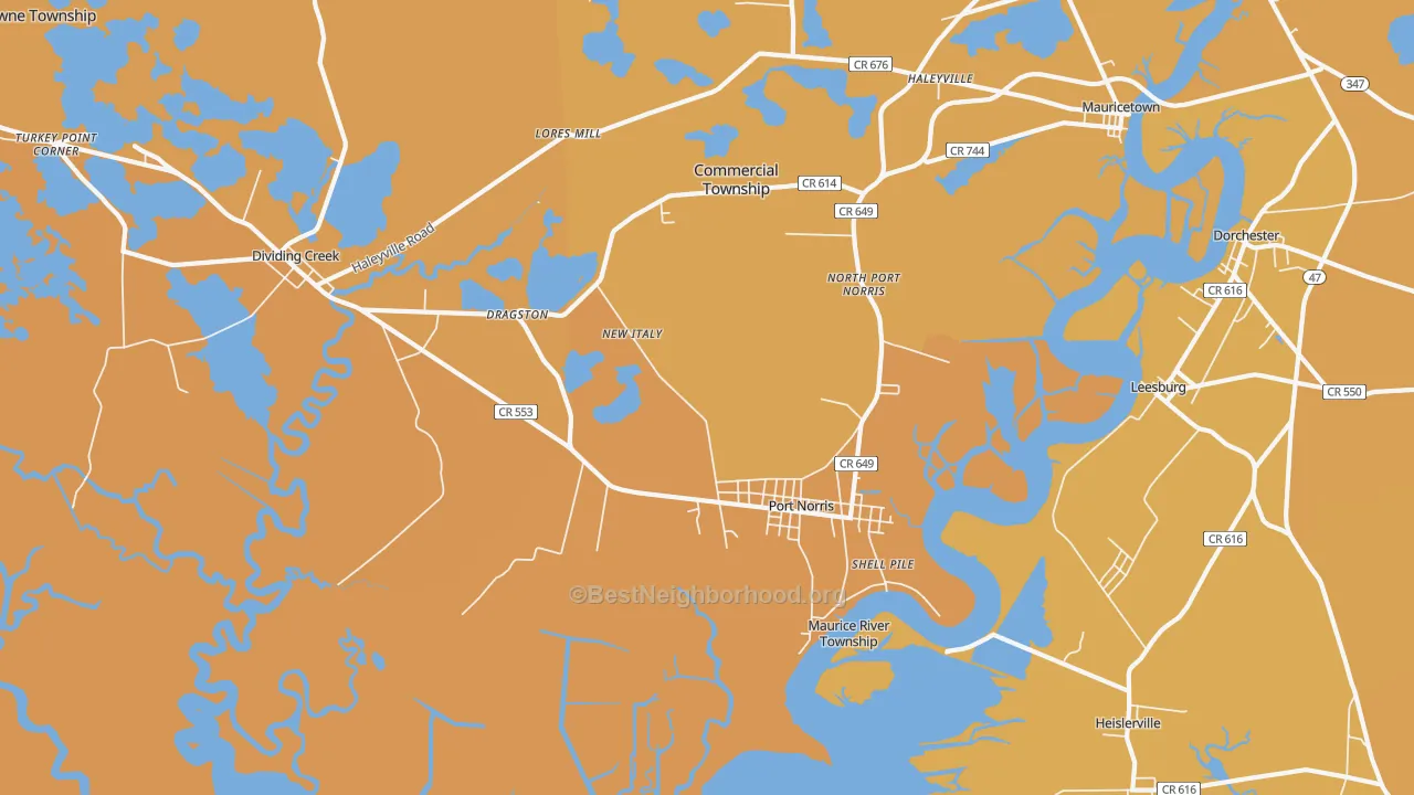 Map of the best neighborhoods in the Port Norris area, with better matches in green and worse matches in red