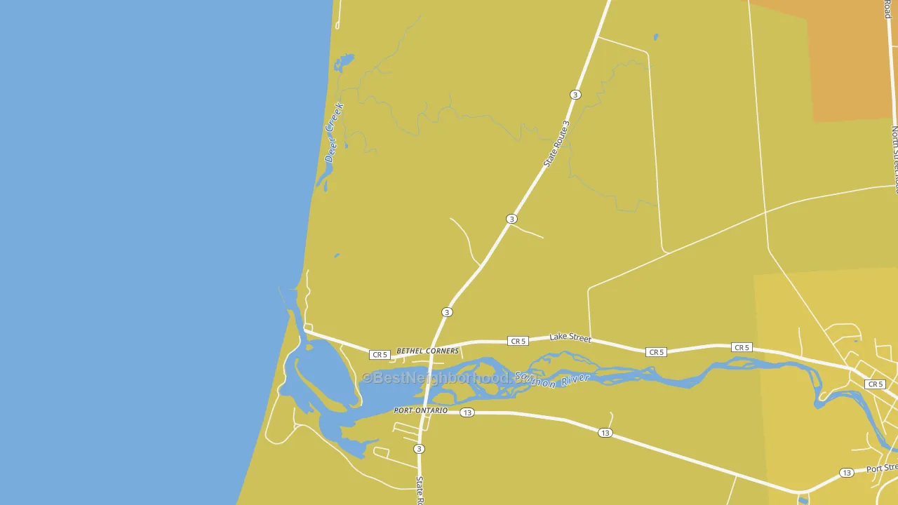 Map of the best neighborhoods in the Port Ontario area, with better matches in green and worse matches in red