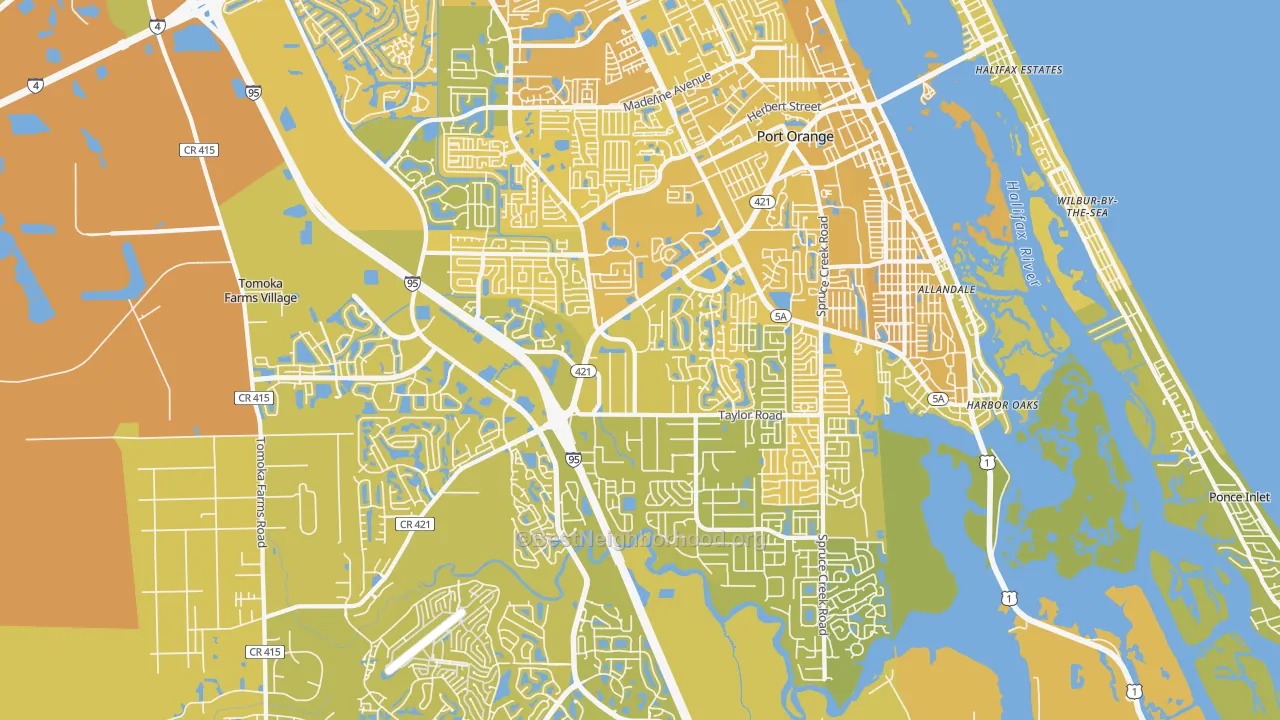 Map of the best neighborhoods in the Port Orange area, with better matches in green and worse matches in red