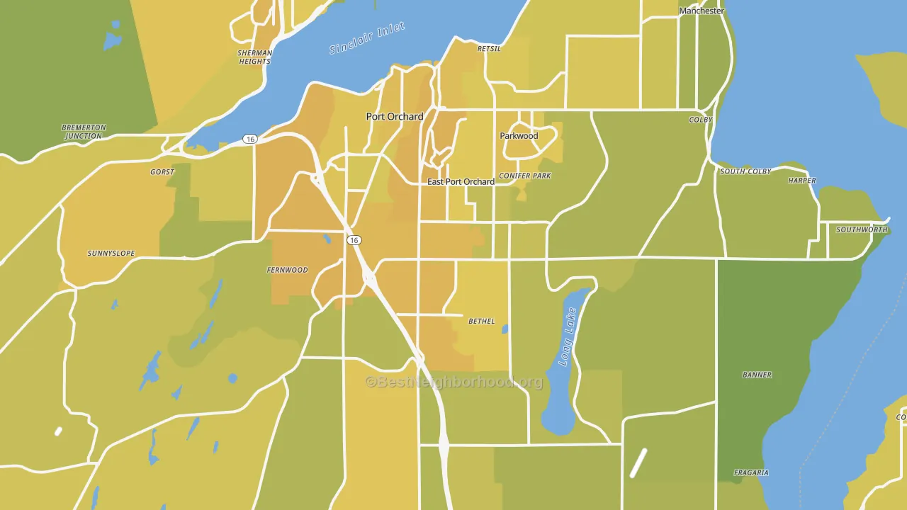 Map of the best neighborhoods in the Port Orchard area, with better matches in green and worse matches in red