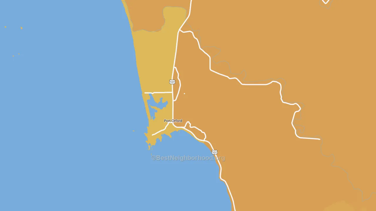 Map of the best neighborhoods in the Port Orford area, with better matches in green and worse matches in red