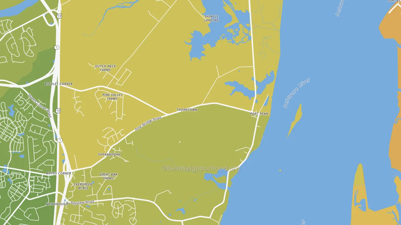 Map of the best neighborhoods in the Port Penn area, with better matches in green and worse matches in red