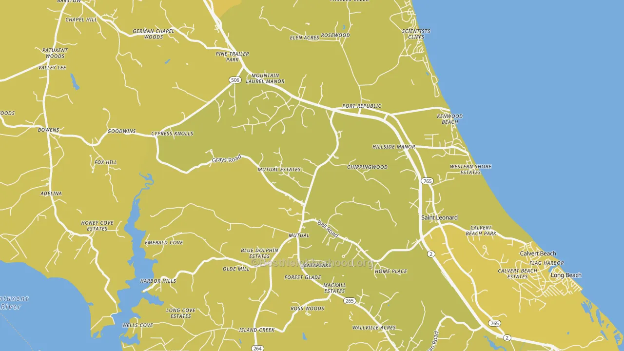 Map of the best neighborhoods in the Port Republic area, with better matches in green and worse matches in red