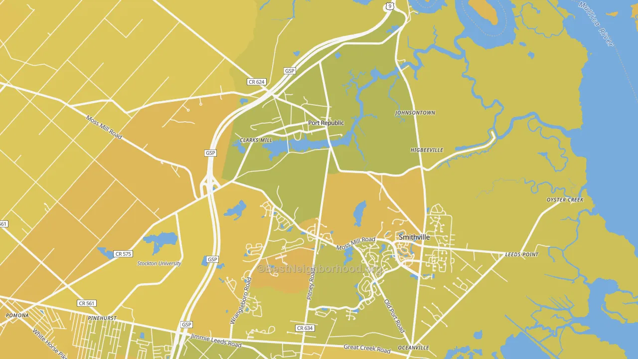 Map of the best neighborhoods in the Port Republic area, with better matches in green and worse matches in red