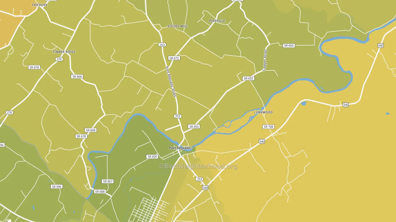 Map of the best neighborhoods in the Port Republic area, with better matches in green and worse matches in red
