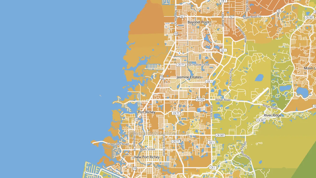 Map of the best neighborhoods in the Port Richey area, with better matches in green and worse matches in red