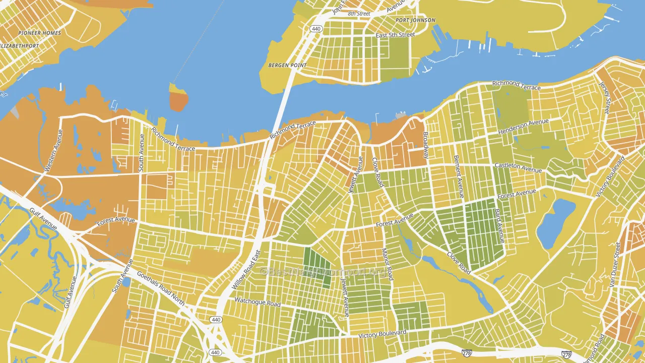 Map of the best neighborhoods in the Port Richmond, Staten Island area, with better matches in green and worse matches in red
