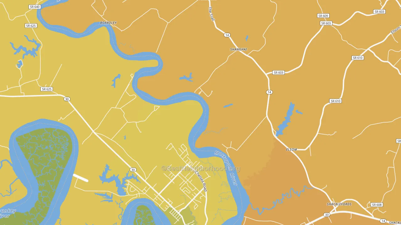 Map of the best neighborhoods in the Port Richmond area, with better matches in green and worse matches in red