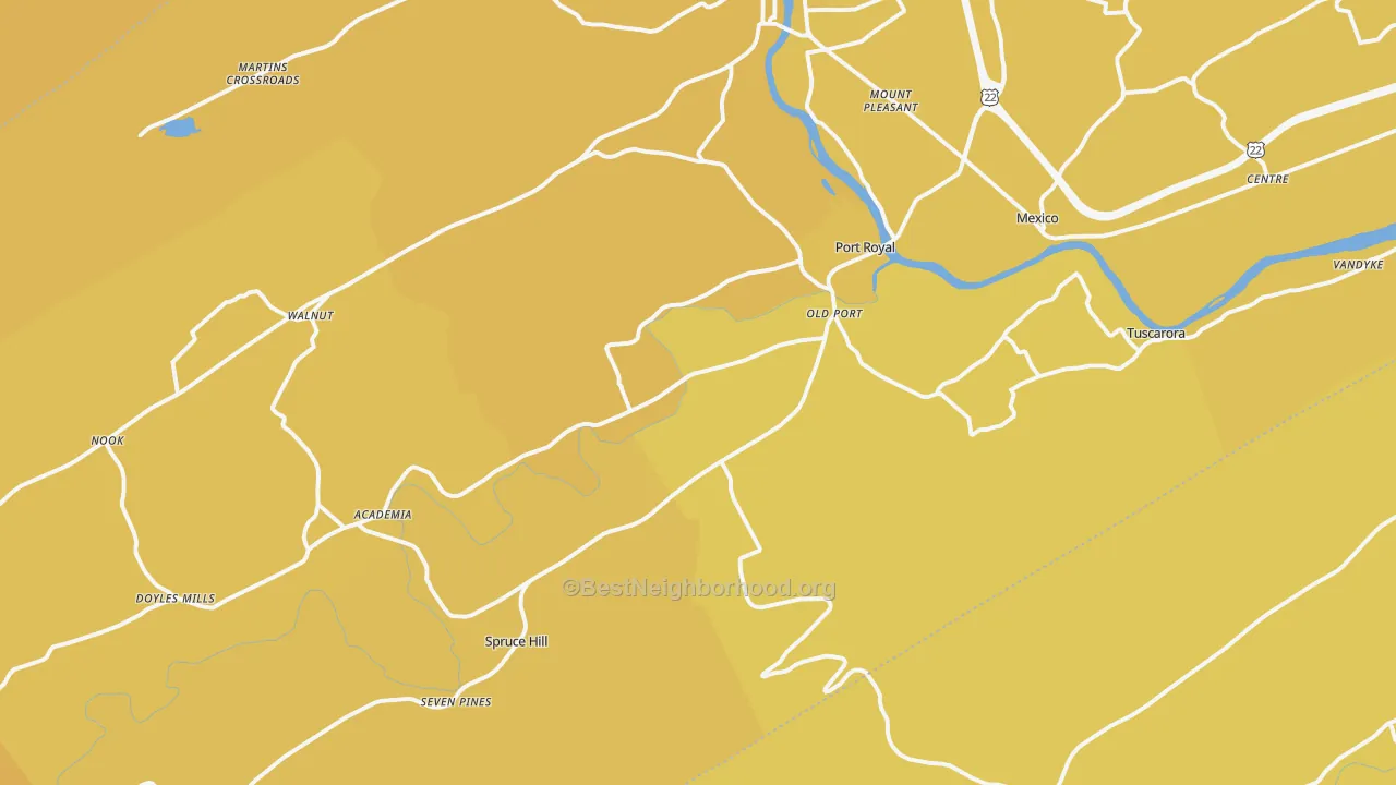 Map of the best neighborhoods in the Port Royal area, with better matches in green and worse matches in red