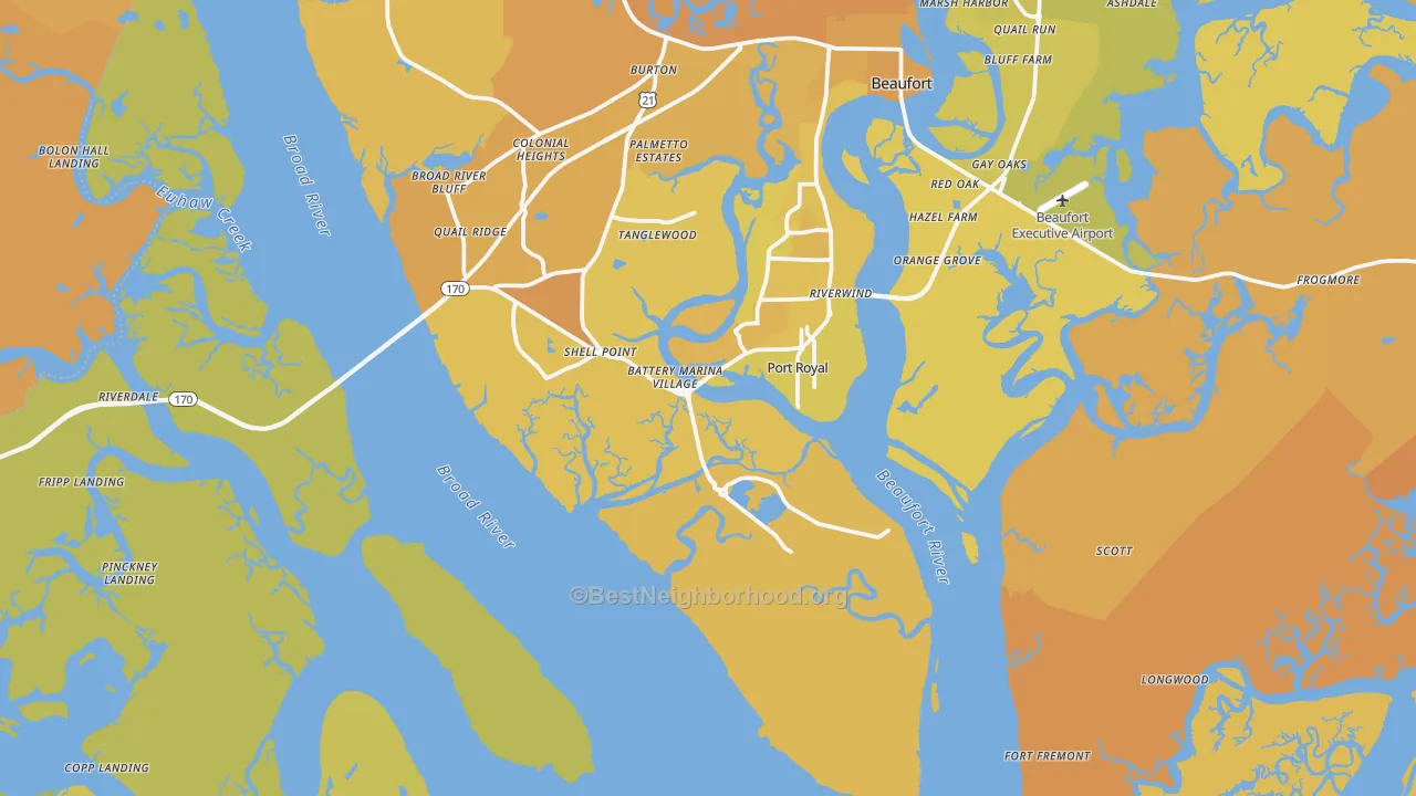 Map of the best neighborhoods in the Port Royal area, with better matches in green and worse matches in red