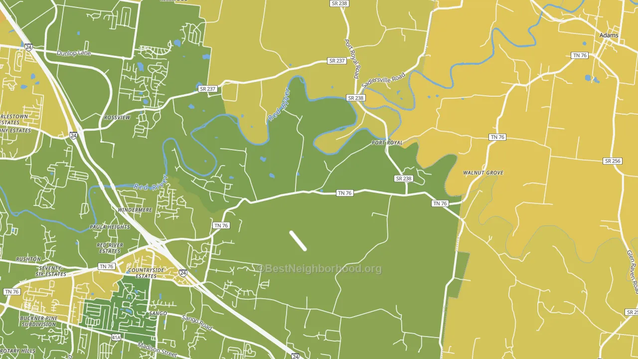 Map of the best neighborhoods in the Port Royal area, with better matches in green and worse matches in red